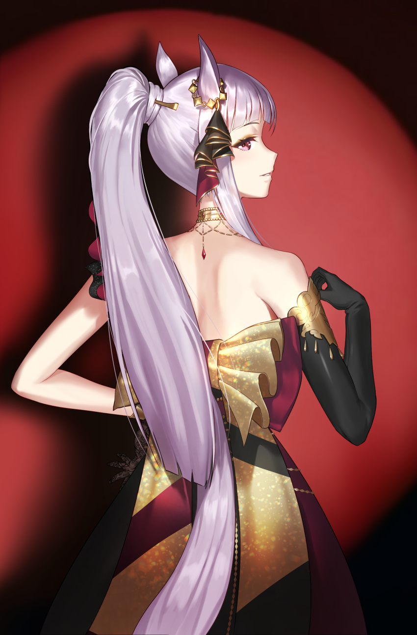 1girl absurdres animal_ears asymmetrical_clothes asymmetrical_dress back bare_shoulders black_dress black_sleeves commentary_request detached_sleeves dress ear_ornament from_behind gem gold_ship_(la_mode_564)_(umamusume) gold_ship_(umamusume) grey_hair hair_ornament highres horse_ears horse_girl horse_tail jewelry long_hair necklace official_alternate_costume official_alternate_hairstyle ponytail red_background red_gemstone simple_background single_bare_shoulder solo tail ugohato umamusume