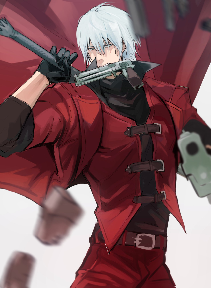 1boy bishounen blue_eyes coat dante_(devil_may_cry) devil_may_cry_(anime) devil_may_cry_(series) ebony_&amp;_ivory facial_hair gloves gun gun_in_mouth hair_between_eyes highres holding holding_gun holding_weapon looking_at_viewer male_focus minooxxis open_mouth rebellion_(sword) red_coat solo stepping stubble weapon white_hair