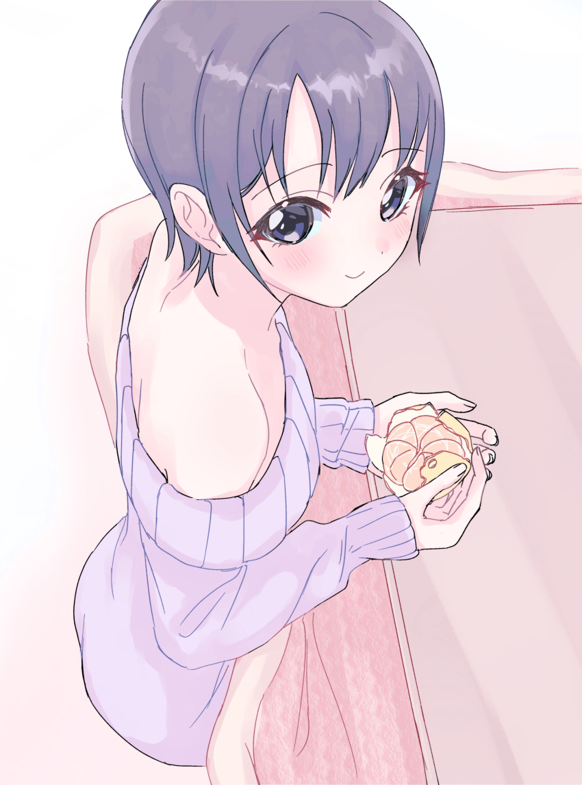 1girl absurdres bare_shoulders blush food fruit grey_hair highres holding holding_food holding_fruit idolmaster idolmaster_cinderella_girls kanipoposu kotatsu looking_at_viewer looking_to_the_side mandarin_orange off-shoulder_sweater off_shoulder otokura_yuuki purple_sweater short_hair sitting smile solo sweater table