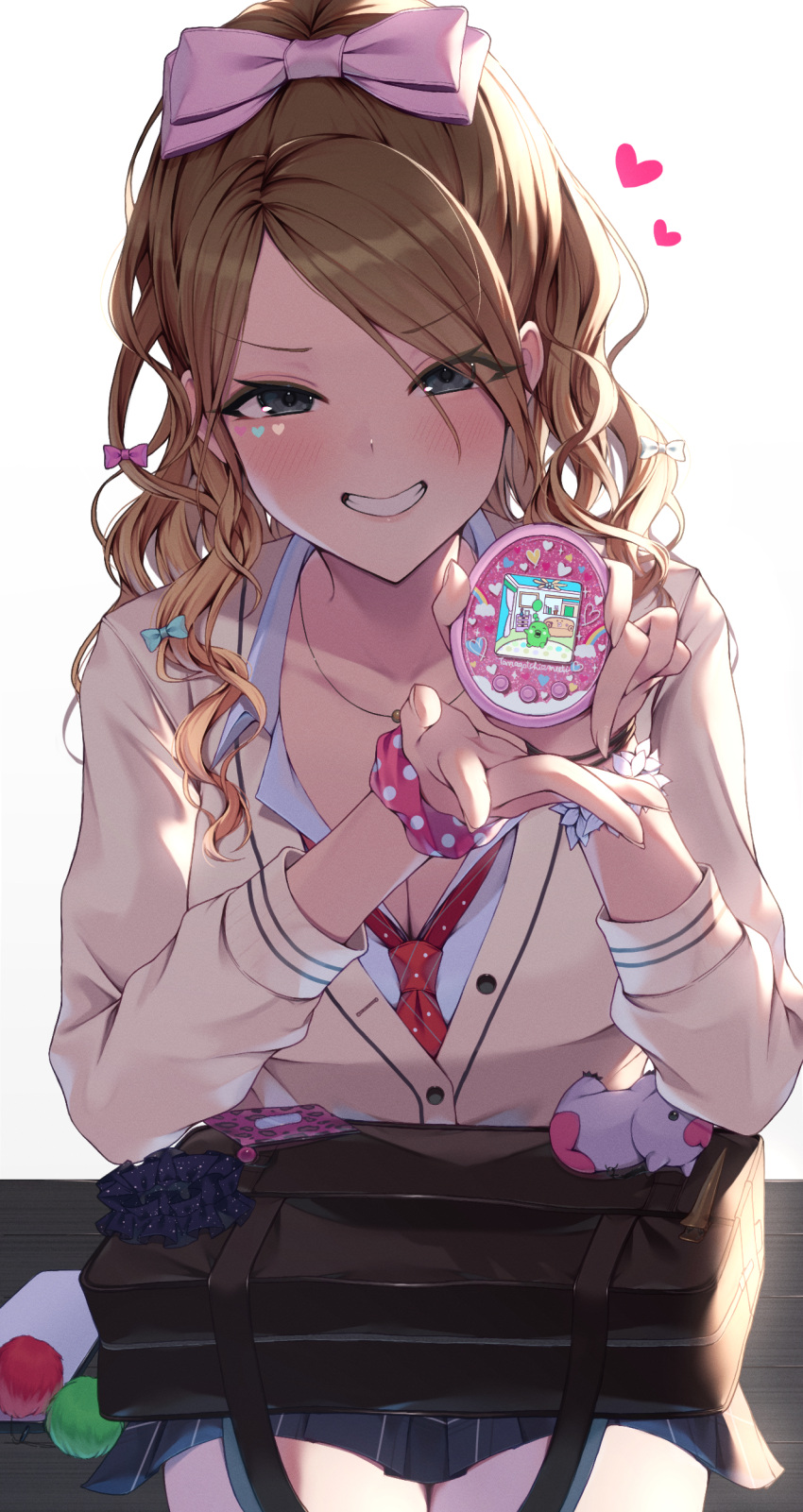 10_(user_cwuu4848) absurdres blush bow bracelet breasts brown_hair cardigan cleavage collarbone facepaint gyaru h hair_bow heart highres holding idolmaster idolmaster_shiny_colors izumi_mei jewelry kogal looking_at_viewer open_collar school_uniform simple_background smile tamagotchi wavy_hair white_background yellow_cardigan