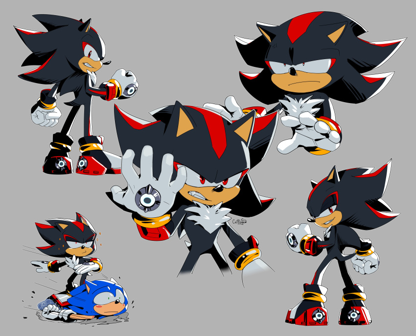 2boys absurdres animal_ears artist_name catrage_miau clenched_teeth furry furry_male gloves grey_background highres looking_at_viewer multiple_boys multiple_views red_eyes shadow_the_hedgehog shoes signature simple_background sonic_(series) sonic_the_hedgehog standing_on_person teeth white_gloves