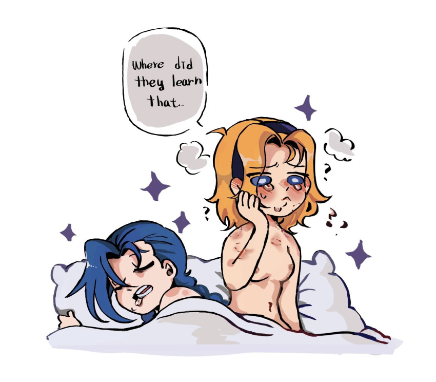 2girls bite_mark blonde_hair blue_eyes blue_hair blush braid breasts headband highres jinx_(league_of_legends) kid_sppinarl league_of_legends long_hair lux_(league_of_legends) multiple_girls navel nude sleeping tears twin_braids yuri