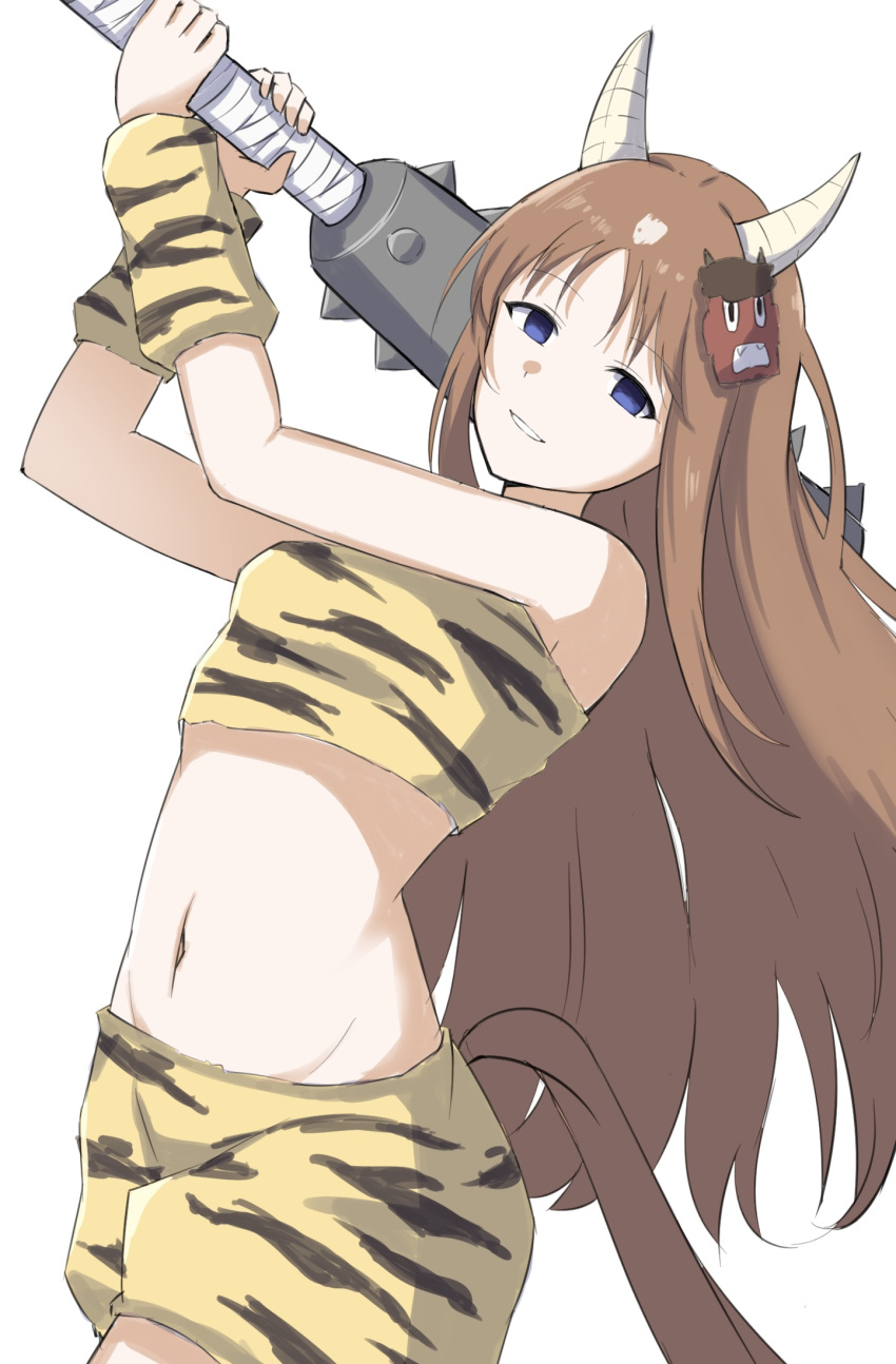 1girl alternate_costume animal_ears blue_eyes brown_hair empty_eyes fake_horns grass_wonder_(umamusume) highres holding_club horns horse_ears horse_girl horse_tail long_hair looking_at_viewer mask midriff multicolored_hair navel oni_costume oni_mask simple_background solo streaked_hair tail tail_through_clothes umamusume white_background white_hair yukia2