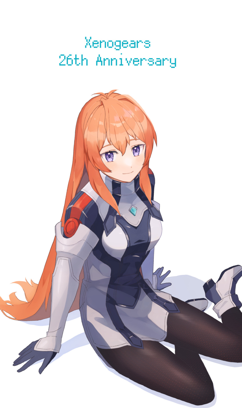 1girl anniversary black_pantyhose blue_eyes bodysuit boots breasts chest_jewel closed_mouth commentary_request elhaym_van_houten english_text eyelashes gloves highres light_blush long_hair orange_hair pantyhose sidelocks sitting smile solo toyahiro16 white_background xenogears