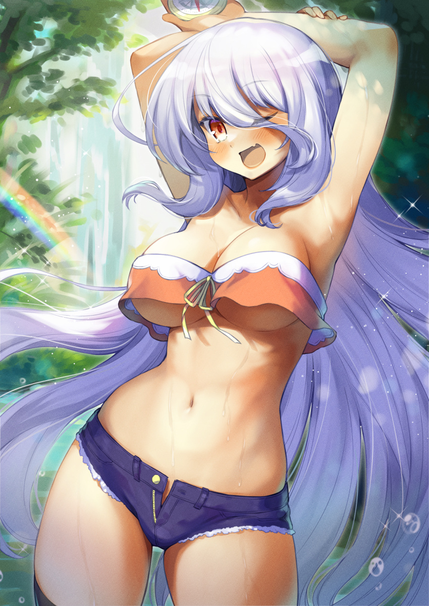1girl ;d absurdres armpits arms_up bare_arms bare_shoulders bikini bikini_top_only black_thighhighs blue_shorts breasts cleavage contrapposto cowboy_shot cutoffs denim denim_shorts fang hair_between_eyes highres holding large_breasts long_hair looking_at_viewer micro_shorts midriff nature navel one_eye_closed open_fly open_mouth orange_bikini original outdoors rainbow red_eyes sahara1127 shorts smile solo standing stomach stopwatch strapless strapless_bikini swimsuit thighhighs thighs underboob very_long_hair wet white_hair