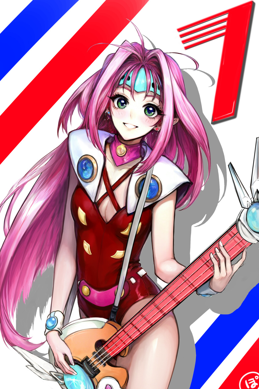 absurdres blue_eyes breasts cowboy_shot electric_guitar guitar headgear highres instrument kt68339720 leotard long_hair macross macross_7 mylene_jenius parted_lips pink_eyes pointy_ears red_leotard small_breasts smile standing wristband