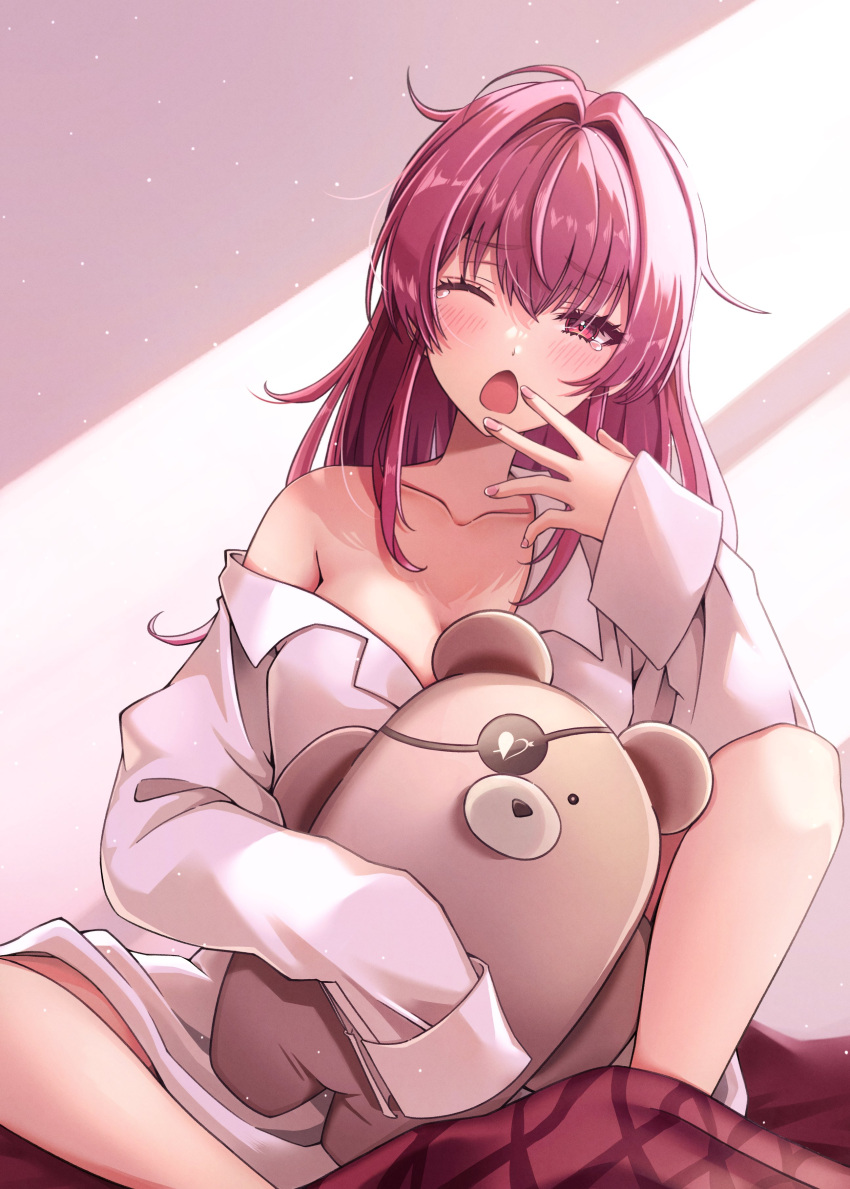 1girl absurdres blush breasts collarbone commentary_request hair_down highres hololive houshou_marine large_breasts long_hair long_sleeves looking_at_viewer mt_mozuku on_bed one_eye_closed open_mouth pajamas pink_pajamas red_eyes red_hair solo stuffed_animal stuffed_toy teddy_bear virtual_youtuber waking_up yawning