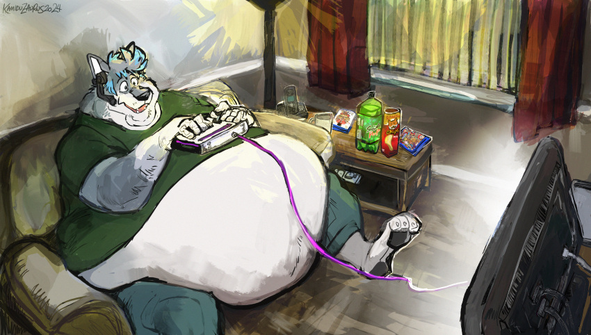 anthro aokamidu belly belly_overhang beverage big_belly canid canine canis claws clothed clothing controller cordless_phone curtains detailed_background electronics food fur furniture game_controller gaming grey_body grey_fur headgear headphones headset hi_res holding_controller holding_game_controller holding_object inside male mammal morbidly_obese morbidly_obese_anthro morbidly_obese_male obese obese_anthro obese_male open_mouth open_smile overweight overweight_anthro overweight_male phone playing_videogame sitting smile soda sofa solo television toe_claws wide_hips window wolf