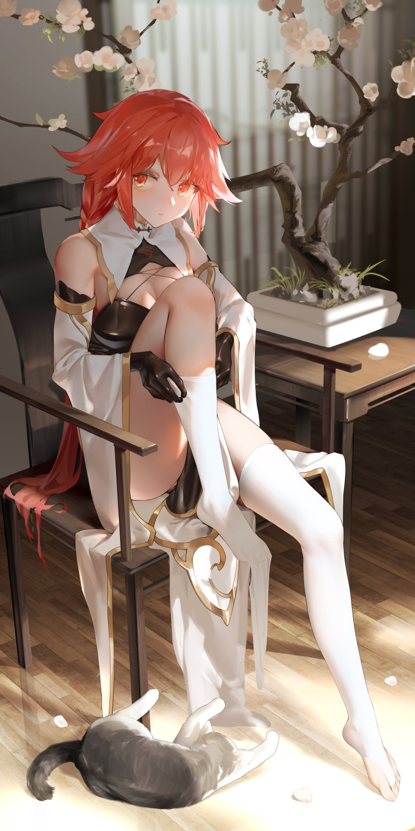 1girl absurdres alternate_costume black_gloves braid breasts cat chair china_dress chinese_clothes cleavage commission curtains dress feet flowerscur full_body gloves highres indoors knee_up legs long_hair looking_at_viewer neptune_(series) no_shoes orange_eyes orange_hair pantyhose revision second-party_source shin_jigen_game_neptune_vii sitting solo stirrup_legwear tennouboshi_uzume thighhighs toeless_legwear toes tree very_long_hair white_thighhighs