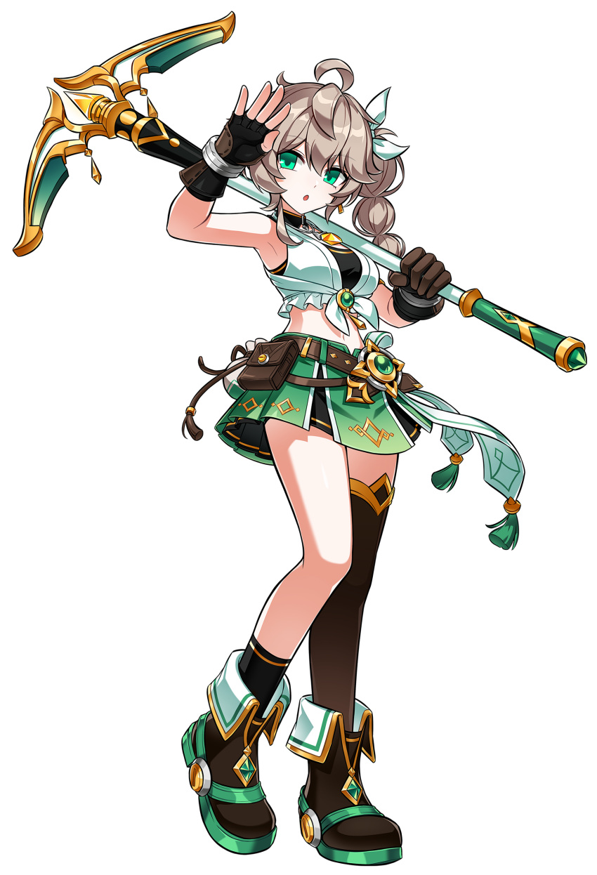 1girl absurdres ahoge armpits artist_request asymmetrical_legwear bag bare_shoulders belt boots braid brown_gloves brown_hair crop_top elsword fingerless_gloves fortune_finder_(elsword) full_body gloves green_eyes hand_up highres holding holding_polearm holding_weapon lithia_beryl_(elsword) long_hair midriff navel official_art polearm satchel side_braid single_braid single_fingerless_glove single_thighhigh skirt socks solo thighhighs third-party_source transparent_background uneven_legwear weapon