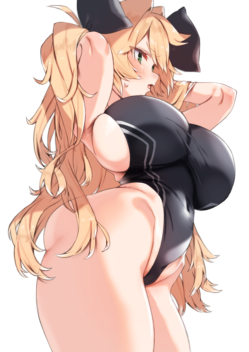 1girl arms_behind_head arms_up ass black_one-piece_swimsuit black_ribbon blonde_hair blush breasts competition_swimsuit from_behind from_side green_eyes hair_ribbon highleg highleg_swimsuit highres huge_breasts kz_oji long_hair looking_afar one-piece_swimsuit original ribbon sideboob solo standing sweatdrop swimsuit twintails very_long_hair