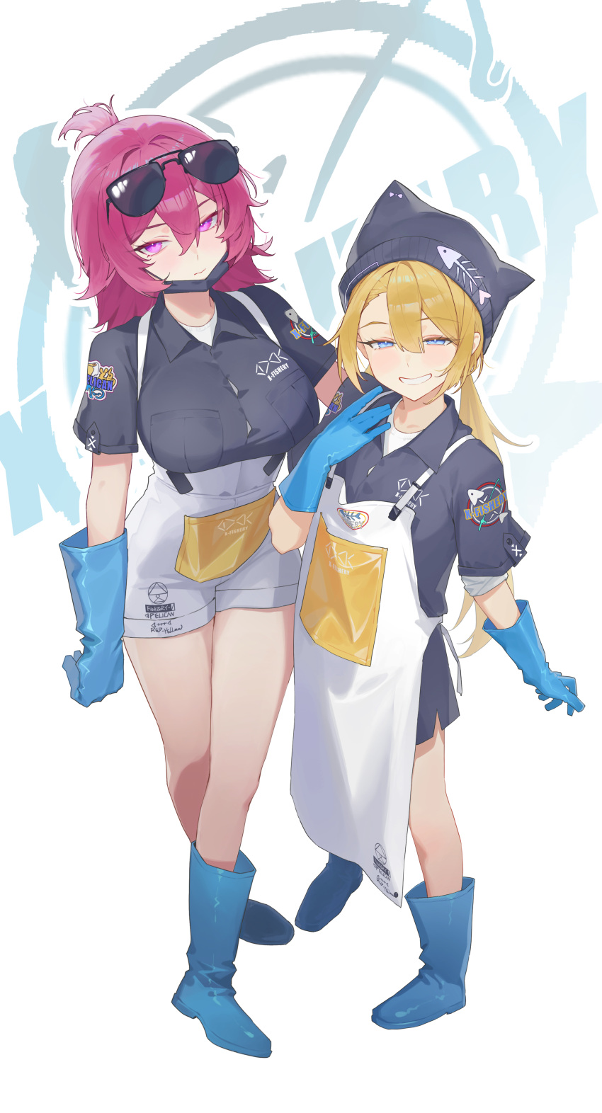 2girls absurdres apron black_headwear black_shirt blonde_hair blue_eyes blue_footwear blue_gloves boots breasts closed_mouth commentary_request eyewear_on_head full_body gloves gmirror1 grin hair_between_eyes half-closed_eyes hand_up high-waist_shorts highres large_breasts long_hair looking_at_viewer low_twintails multiple_girls original pink_hair purple_eyes shirt short_sleeves shorts simple_background smile standing sunglasses topknot twintails white_apron white_background white_shorts