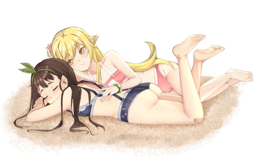 2girls absurdres adapted_costume armpit_crease ass bandaid bandaid_on_knee bandaid_on_leg barefoot beach bikini blonde_hair blue_bikini blush breasts brown_hair closed_eyes closed_mouth collarbone commission feet feet_up flat_chest full_body green_ribbon hachikuji_mayoi hairband highres legs long_hair lying meemz_a monogatari_(series) multiple_girls on_side on_stomach oshino_shinobu outdoors pink_bikini pointy_ears ribbon small_breasts soles swimsuit toes very_long_hair white_background yellow_eyes