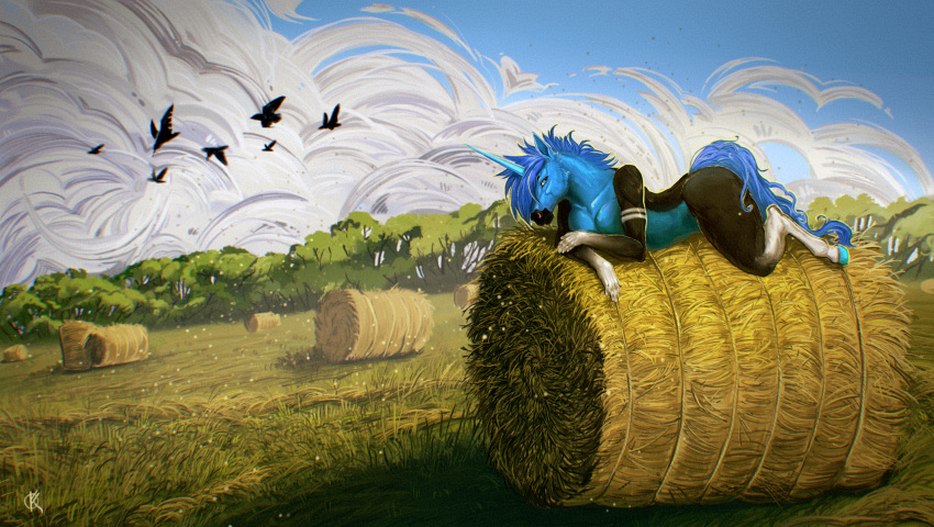 anthro avian bird black_tail blue_body chilling cloudscape digital_media_(artwork) digital_painting_(artwork) equid equine female field grass hay hay_bale hi_res hooves horn horse lying mammal mane on_front plant ponynok scenery shaded sky solo stripes tail unicorn yellow_stripes