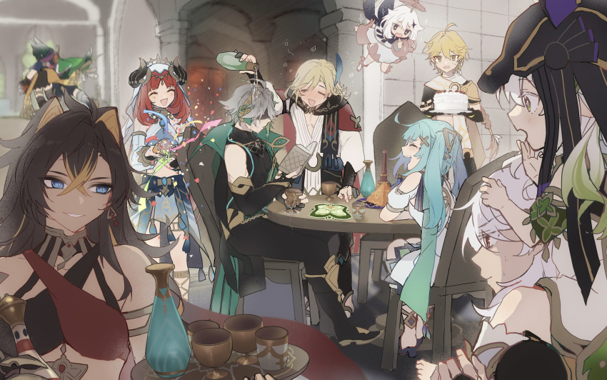 5boys 6+girls absurdres aether_(genshin_impact) alhaitham_(genshin_impact) animal_hat black_scarf blonde_hair blue_eyes book braid broken_cup brown_hair cake cape carrying carrying_person chair closed_eyes closed_mouth collei_(genshin_impact) confetti cowlick crossed_bangs crushing cup cyno_(genshin_impact) dehya_(genshin_impact) dress drink drunk facing_another fake_horns faruzan_(genshin_impact) fingerless_gloves fleeing floating food genshin_impact gloves green_hair grey_hair grin hair_between_eyes hair_ears halo harem_outfit hat headphones height_difference highres holding holding_book holding_cup holding_tray horns hoshiyui_tsukino indoors kaveh_(genshin_impact) laughing long_hair looking_at_another mechanical_halo multicolored_hair multiple_boys multiple_girls nahida_(genshin_impact) nilou_(genshin_impact) on_chair on_shoulder open_book open_mouth paimon_(genshin_impact) pants pouring pouring_onto_another red_hair romper running scarf shaded_face shirt short_hair single_braid sitting sitting_on_person sitting_on_shoulder slit_pupils smile standing sweat table tan tearing_up tighnari_(genshin_impact) tray two-tone_hair veil very_long_hair wet wet_hair white_hair white_romper