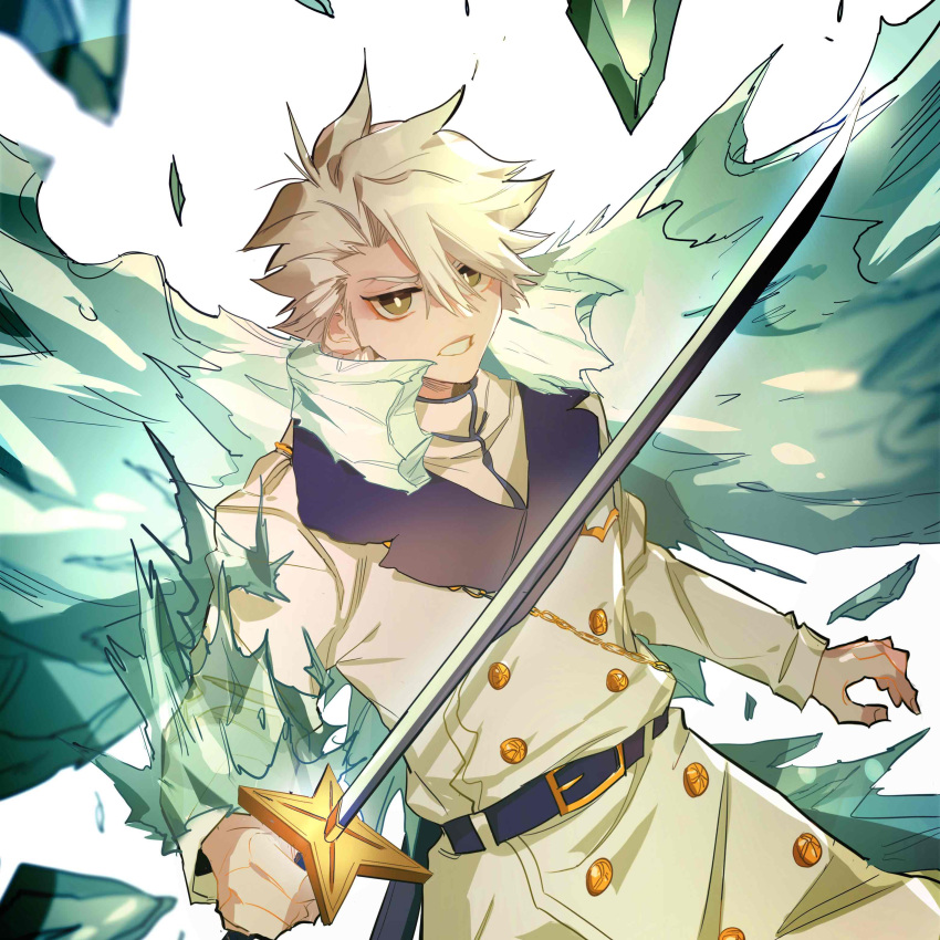 1boy absurdres bankai belt black_belt bleach buttons chain clenched_teeth coat collared_coat cryokinesis daiguren_hyourinmaru_(bankai) double-breasted fur_collar gold_chain green_eyes hair_between_eyes highres hitsugaya_toushirou holding holding_sword holding_weapon ice ice_wings lonely_(3296659205) long_coat looking_at_viewer male_focus official_alternate_costume shirt solo sword teeth wandenreich_uniform weapon white_background white_coat white_hair white_shirt wings zanpakutou