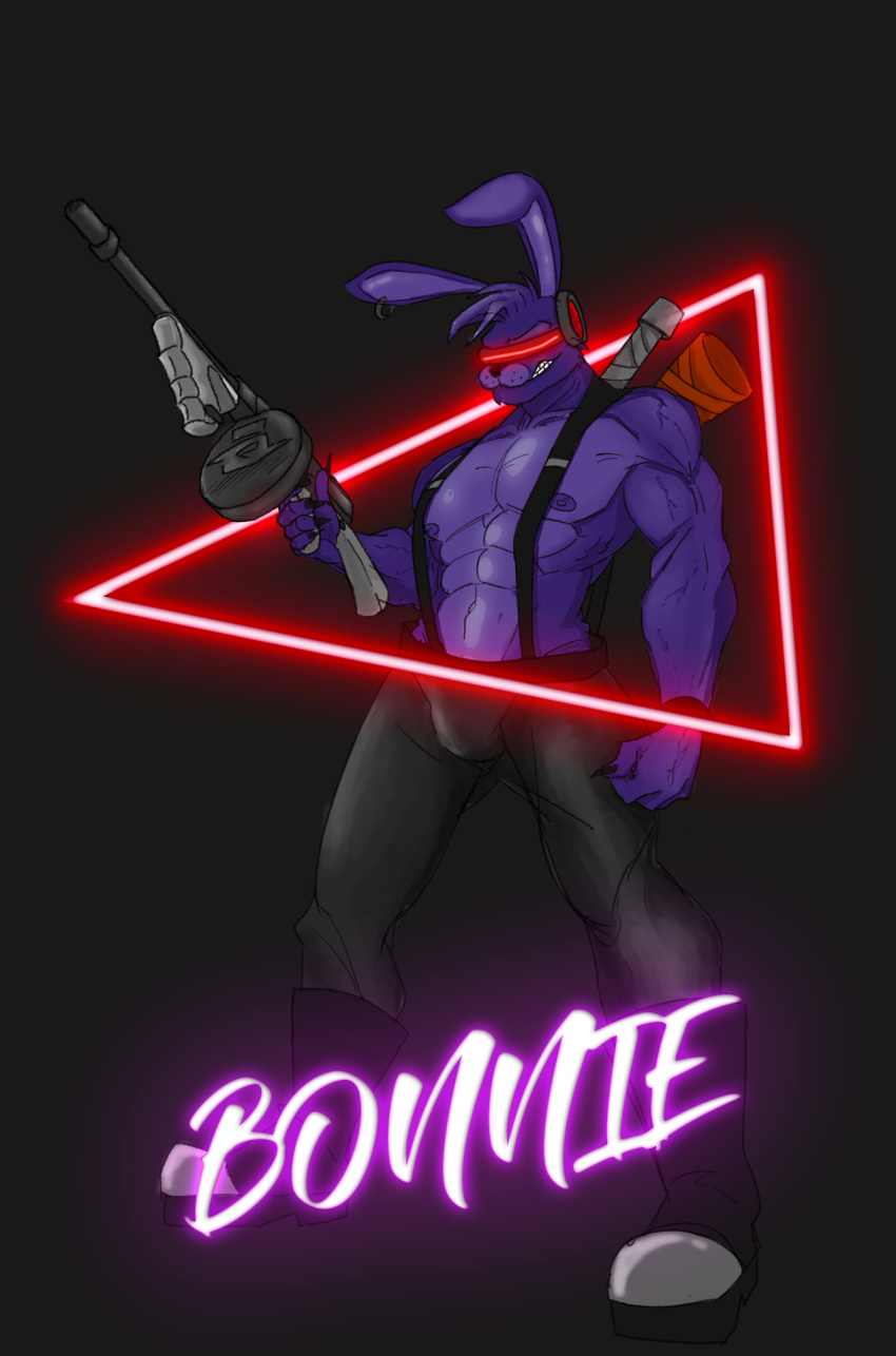 anthro bonnie_(fnaf) clothed clothing dluck five_nights_at_freddy's freddy_in_space_2 grin gun hi_res lagomorph leporid male mammal muscular nipples purple_body rabbit ranged_weapon scottgames smile solo text topless visor weapon