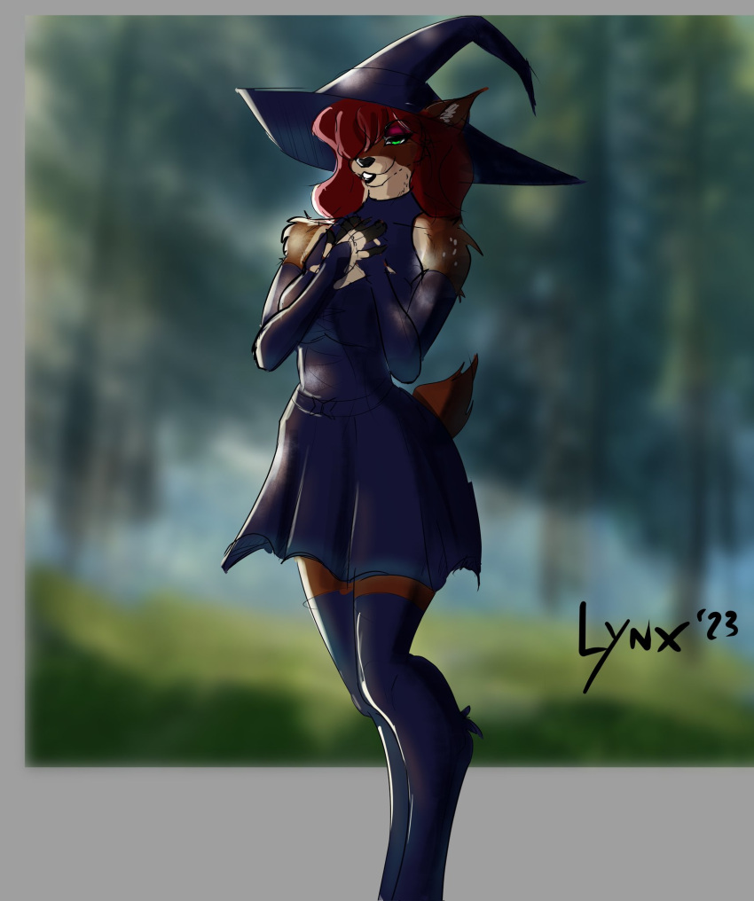 anthro blue_clothing bottomwear brown clothing deer eyes eyeshadow female female/female forest fur gloves green hair handwear hi_res junia leggings legwear lynxie makeup mammal plant red skirt solo tail tree witchhat