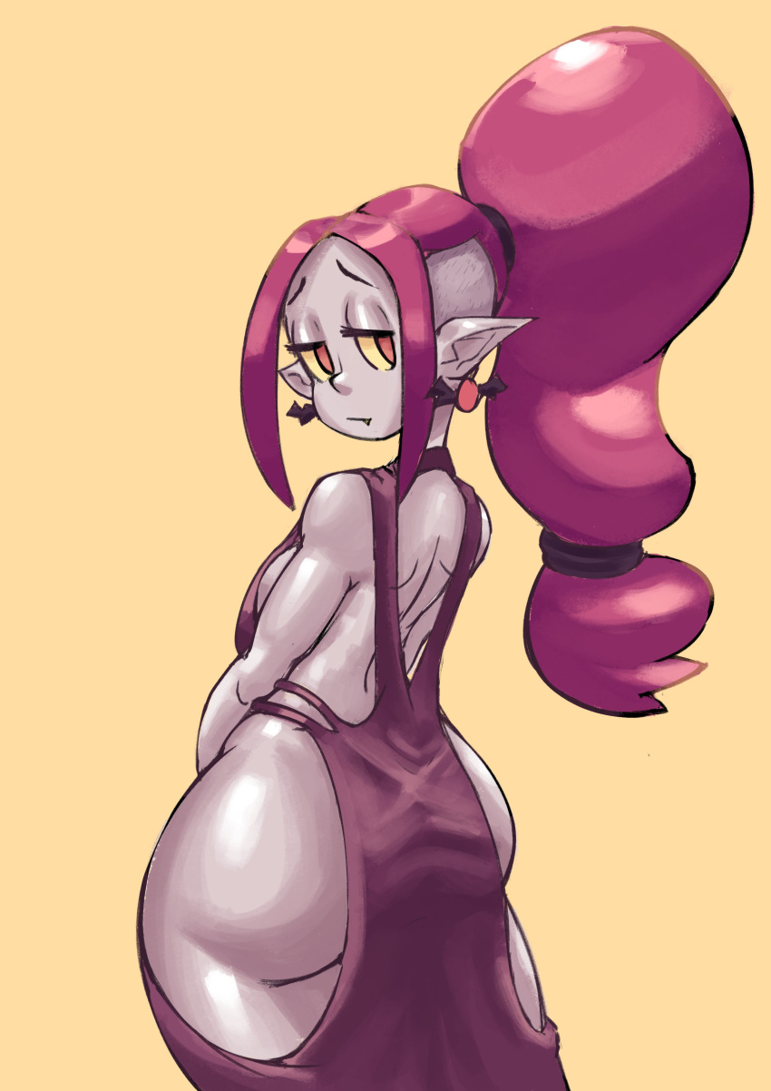 absurd_res big_butt breasts butt clothing donutnaz dress ear_piercing eyelashes female grey_body grey_skin gruftine hair hi_res huge_butt humanoid humanoid_pointy_ears looking_back orange_background piercing pink_hair ponytail purple_clothing purple_dress rear_view red_eyes school_for_vampires simple_background solo thick_thighs vampire wide_hips yellow_sclera