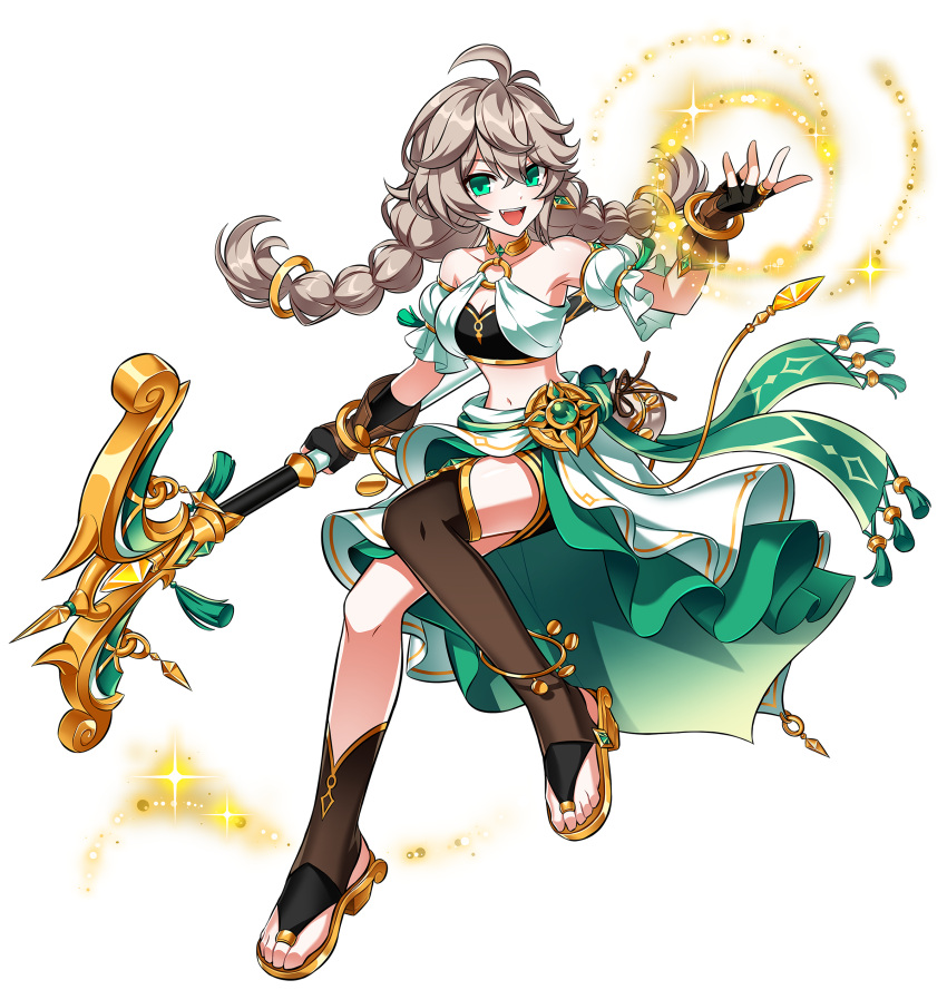 1girl absurdres ahoge armpits artist_request asymmetrical_legwear bare_shoulders belt boots braid brown_gloves brown_hair crop_top detached_sleeves elsword fingerless_gloves full_body gloves greedy_wonder_(elsword) green_eyes hand_up highres holding holding_polearm holding_weapon lithia_beryl_(elsword) long_hair midriff navel official_art open_mouth polearm sandals short_sleeves single_thighhigh skirt smile socks solo stirrup_legwear thighhighs third-party_source toeless_footwear toeless_legwear transparent_background twin_braids uneven_legwear weapon