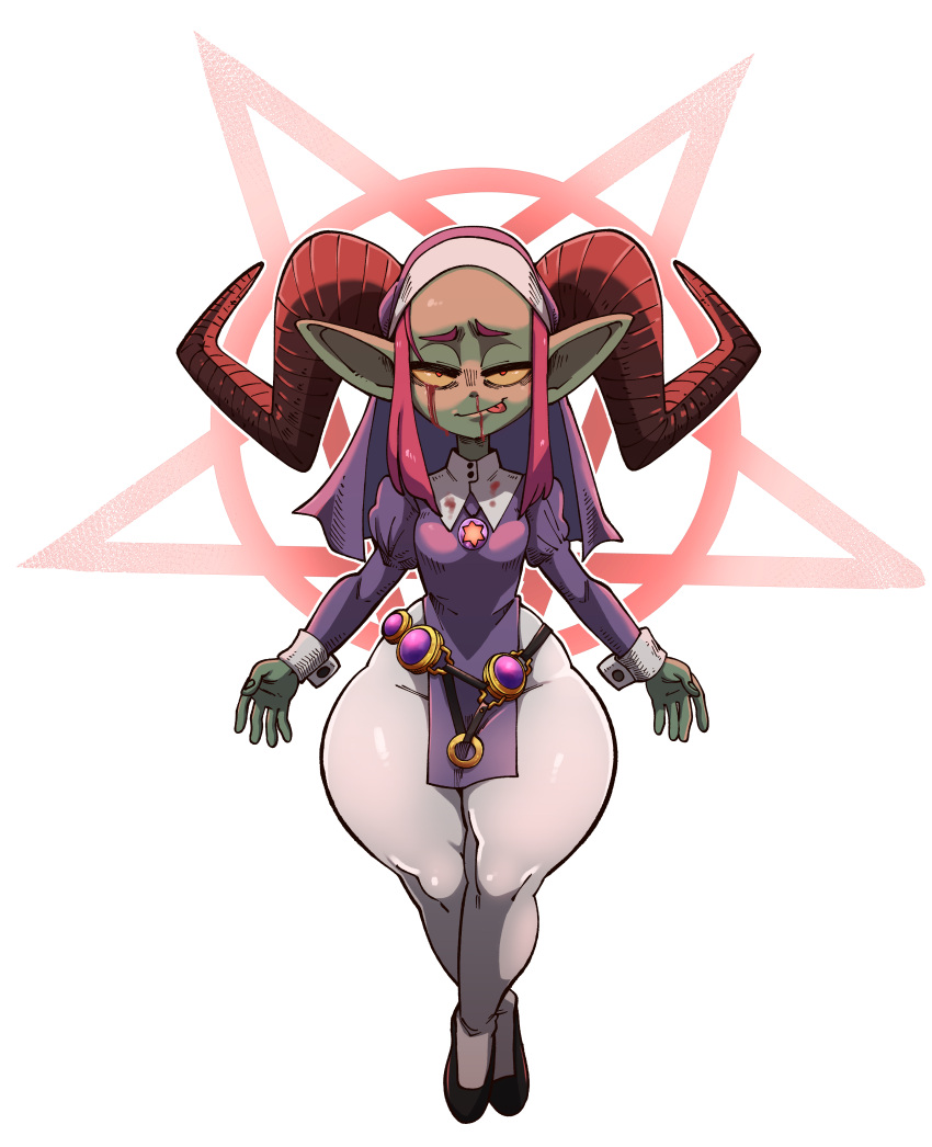 absurd_res breasts clothed clothing female goblin green_body hi_res horn horned_humanoid humanoid not_furry nuclearwasabi simple_background small_breasts solo thick_thighs white_background wide_hips