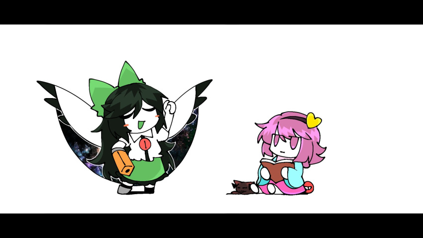 2girls :| arm_cannon arm_up black_hair blue_shirt blush_stickers book bow cape cat closed_eyes closed_mouth egg expressionless green_bow green_skirt hair_bow hair_ornament hairband hand_on_own_hip heart heart_hair_ornament highres holding holding_book holding_egg jitome kaenbyou_rin kaenbyou_rin_(cat) komeiji_satori letterboxed long_hair looking_at_another multiple_girls open_book open_mouth parody pink_skirt print_cape priswocaer purple_eyes purple_hair reiuji_utsuho shirt short_sleeves simple_background sitting skirt smile space_print standing starry_sky_print third_eye third_eye_on_chest touhou weapon white_background white_cape wide_sleeves wings yudetamago_yudemasu!!!!_(utau)