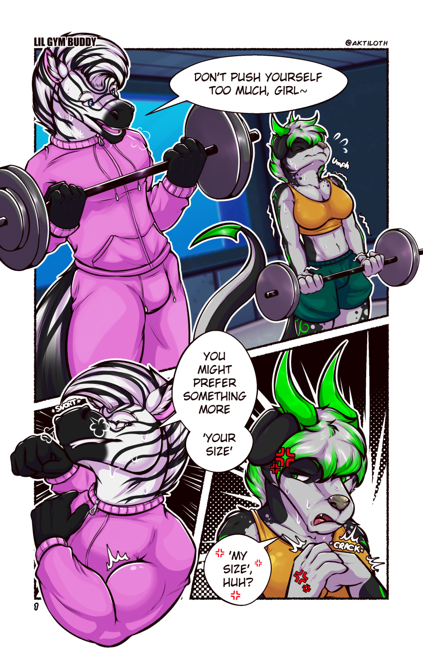 absurd_res aktiloth angry anthro bodily_fluids bottomwear canid canine clothed clothing comic comic_panel cracking_knuckles crop_top cropped_topwear cross-popping_vein english_text equid equine exercise exercise_clothing exercise_equipment flexing flexing_bicep flexing_muscles floppy_ears fur fur_markings gym gym_bottomwear gym_clothing gym_shorts gym_topwear hi_res horn inner_ear_fluff invalid_tag mammal markings shaking shirt shorts snort snorting stripes sweat sweatdrop teasing text topwear tuft workout workout_clothes workout_clothing workout_equipment workout_outfit zebra zipper