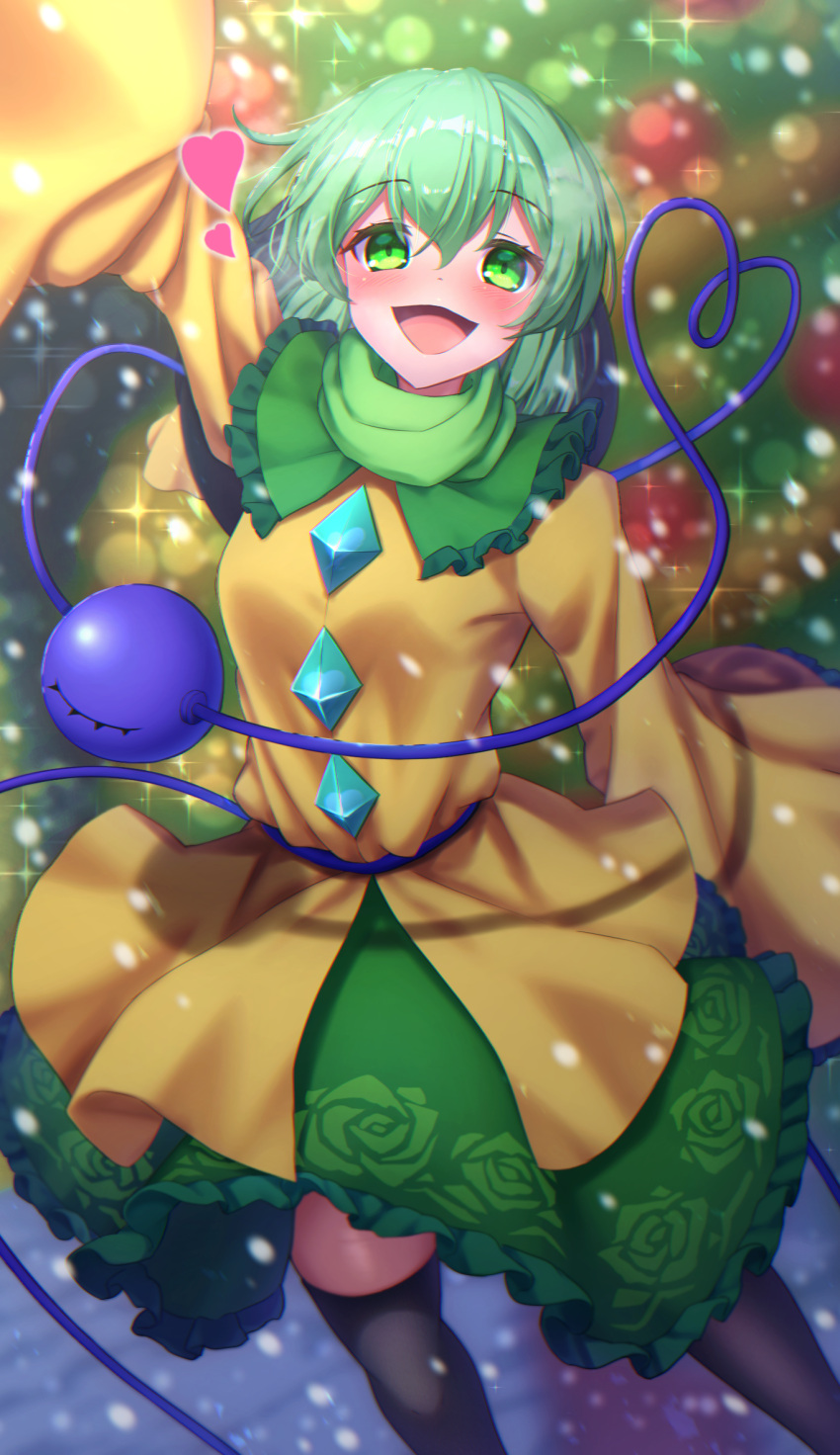 1girl black_thighhighs blurry blurry_background blush buttons christmas_tree diamond_button eyeball floral_print frilled_shirt_collar frilled_sleeves frills green_eyes green_hair green_skirt heart heart_of_string highres komeiji_koishi long_sleeves looking_at_another open_mouth outdoors ribbon rose_print scarf shirt skirt smile snow solo thighhighs third_eye touhou wide_sleeves yellow_shirt yosshy