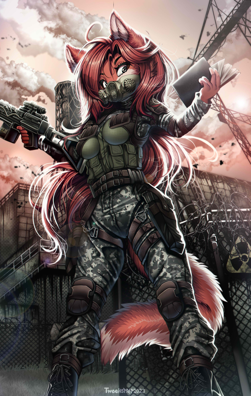5_fingers absurd_res anthro armor body_armor book boots canid canine canis clothing cloud combat_boots detailed_background female fingers fluffy fluffy_tail footwear fox fur gas_mask green_eyes gun hair hi_res mammal mask military military_uniform orange_body orange_fur orange_hair radiation_symbol ranged_weapon s.t.a.l.k.e.r. sky solo symbol tail tweenstrip uniform weapon