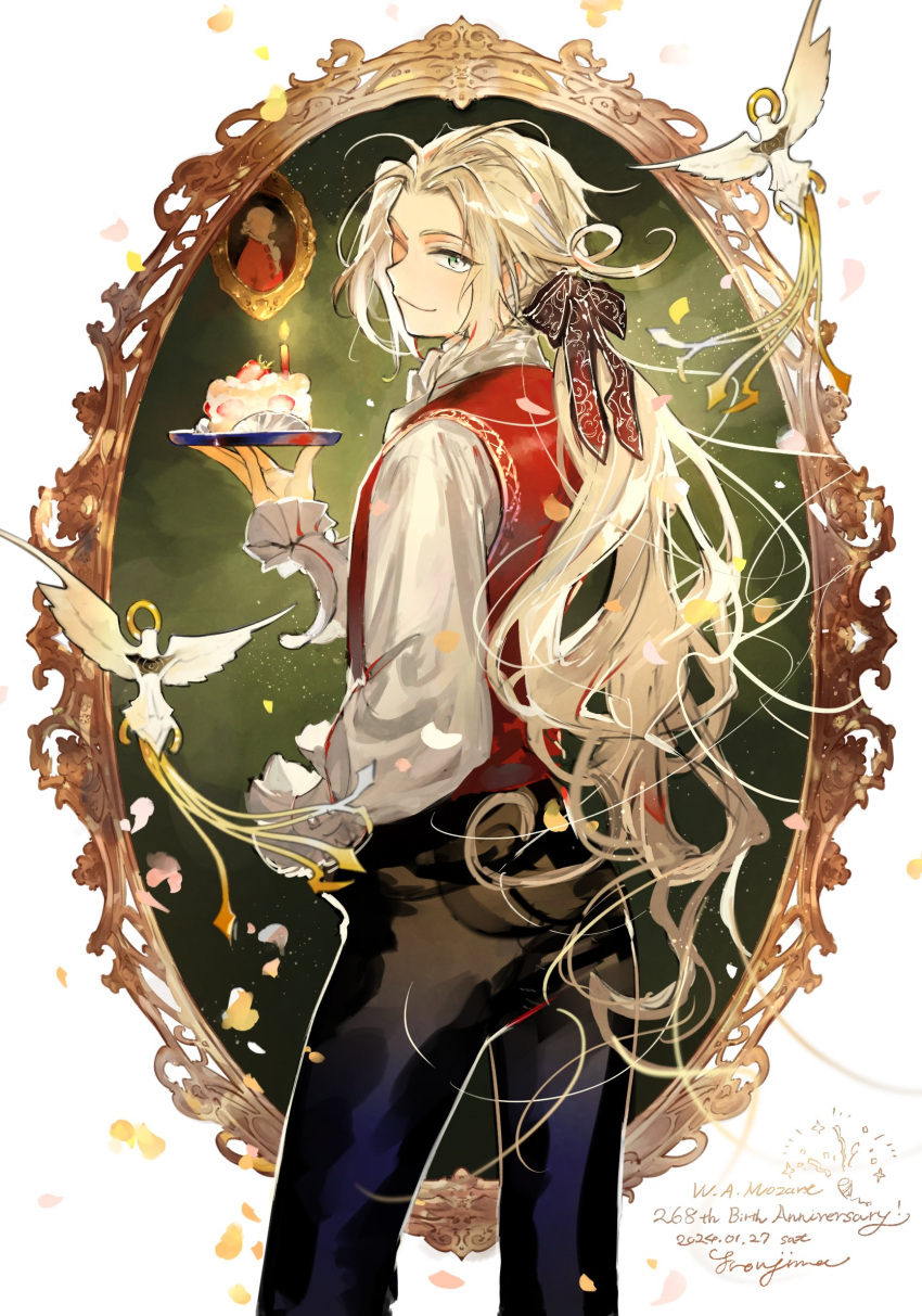 1boy ;) absurdres ascot bird black_pants blonde_hair border cake cake_slice candle contrapposto cowboy_shot falling_petals fate/grand_order fate_(series) food frilled_sleeves frills from_behind green_background green_eyes hair_ribbon happy_birthday highres holding holding_plate light_particles long_hair long_sleeves looking_at_viewer looking_back low_ponytail male_focus one_eye_closed outside_border pants parted_bangs petals picture_frame plate portrait_(object) red_ribbon red_vest ribbon shirt smile standing strawberry_shortcake tetsujima vest wavy_hair white_ascot white_border white_shirt wolfgang_amadeus_mozart wolfgang_amadeus_mozart_(fate)
