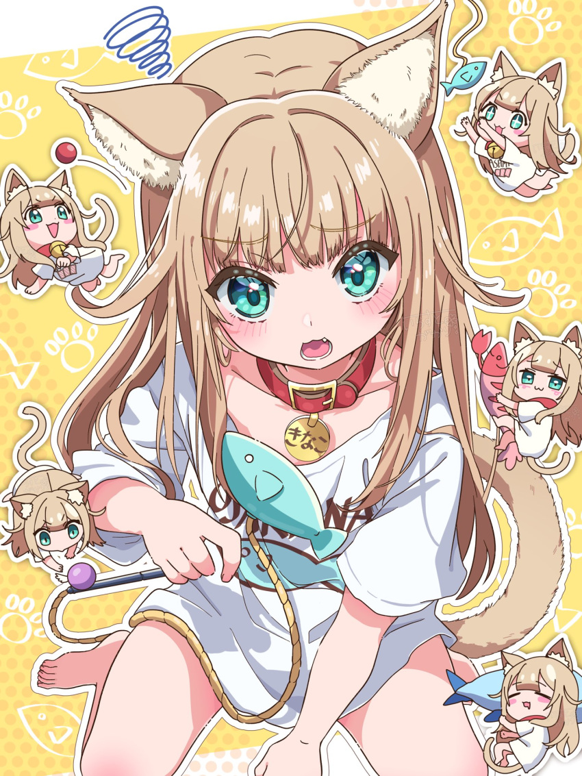 1girl :3 :d animal_collar animal_ear_fluff animal_ears aqua_eyes ball bare_legs barefoot between_legs borrowed_character cat_ears cat_girl cat_tail cat_teaser chibi collar fang hand_between_legs highres irasutogakari kinako_(40hara) light_brown_hair long_hair looking_at_viewer naked_shirt no_pants open_mouth original playing red_collar shirt sitting sleeping smile stuffed_animal stuffed_fish stuffed_lobster stuffed_toy tail wariza white_shirt