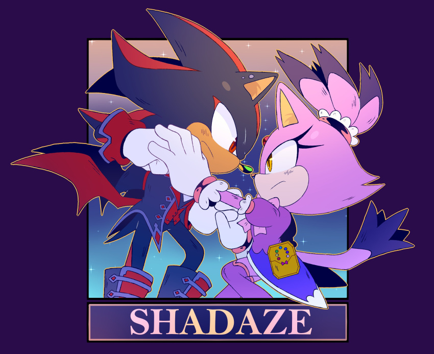 1boy 1girl animal_ears black_fur blaze_the_cat boots cat_ears cat_girl cat_tail dancing forehead_jewel furry furry_female furry_male gloves highres ponytail purple_fur red_eyes red_fur shadow_the_hedgehog sonic_(series) stellarspin tail thigh_boots white_gloves yellow_eyes