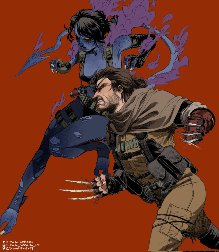 1boy 1girl asymmetrical_gloves bikini blue_skin boots breasts brown_hair claw_(weapon) colored_skin combat_boots cosplay eyepatch fewer_digits front-tie_bikini_top front-tie_top gloves gun highres lowleg lowleg_pantyhose marvel mechanical_arms medium_breasts metal_gear_(series) metal_gear_solid_v:_the_phantom_pain midair mismatched_gloves nightcrawler pantyhose prosthesis prosthetic_arm quiet_(metal_gear) quiet_(metal_gear)_(cosplay) red_background rifle running smoke solid_eyes swimsuit tail torn_clothes torn_pantyhose venom_snake venom_snake_(cosplay) weapon wolverine x-men yellow_eyes