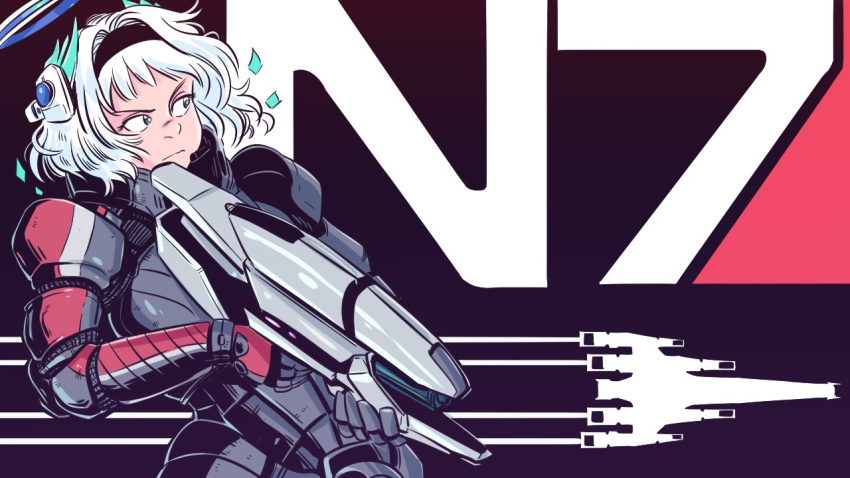 1girl black_background black_hairband energy_gun gloves green_eyes grey_gloves grey_hair gun hair_intakes hairband halo holding holding_gun holding_weapon jd_benefield kamishiro_rita mass_effect_(series) mechanical_halo n7_armor power_armor prism_project short_hair solo virtual_youtuber weapon