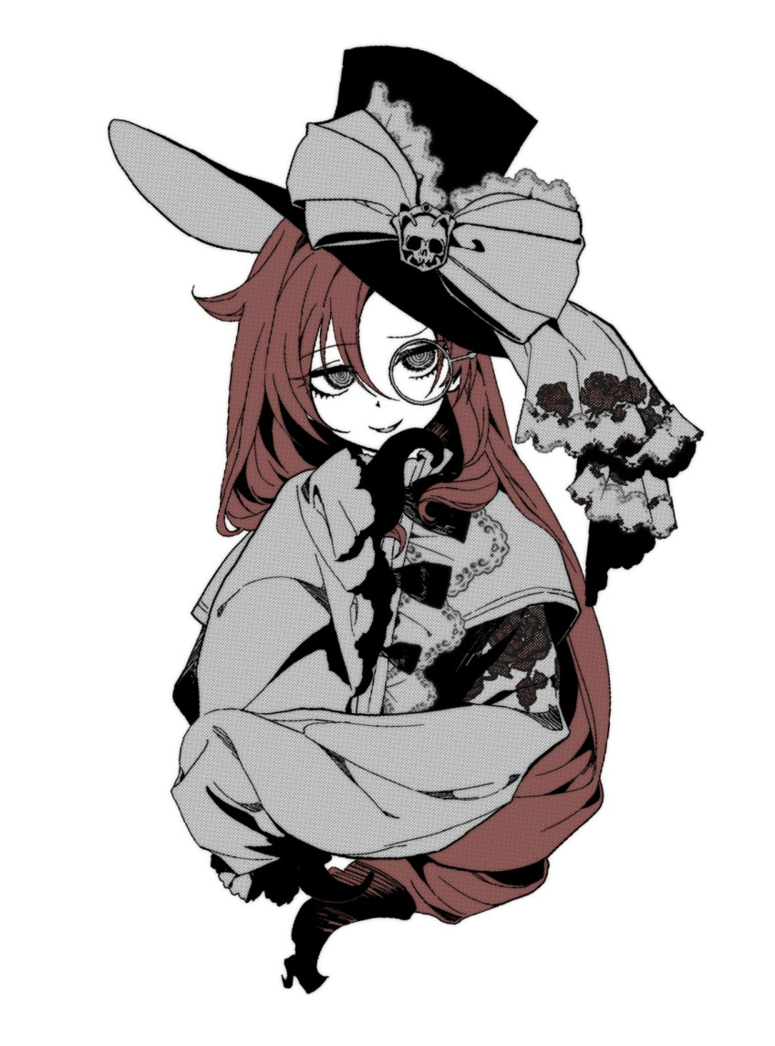 1girl bow bowtie cropped_torso drill_hair floral_print frilled_shirt_collar frilled_sleeves frills greyscale hand_on_own_chin hat hat_bow hat_ornament highres long_hair long_sleeves looking_at_viewer monochrome monocle monster_girl original puffy_long_sleeves puffy_sleeves red_hair ringed_eyes rose_print simple_background skull_hat_ornament sleeves_past_wrists smirk solo spot_color swept_bangs tentacles top_hat tuko veil white_background