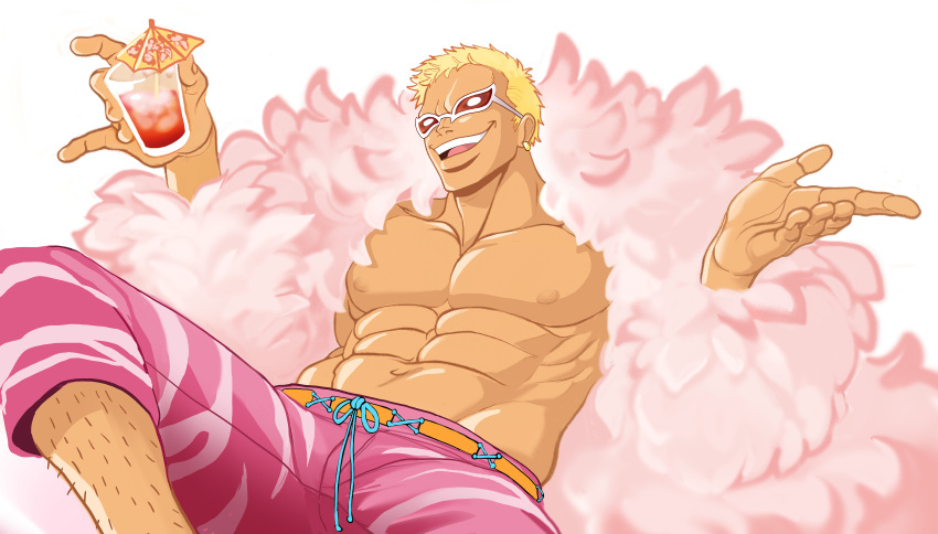 1boy abs absurdres blonde_hair capri_pants coat cocktail_umbrella cup donquixote_doflamingo earrings feather_coat feet_out_of_frame glass highres holding holding_cup inkiedraws jewelry leg_hair male_focus muscular muscular_male navel nipples one_piece open_mouth pants pectorals pink_coat short_hair simple_background smile sunglasses teeth tongue transparent_background upper_teeth_only