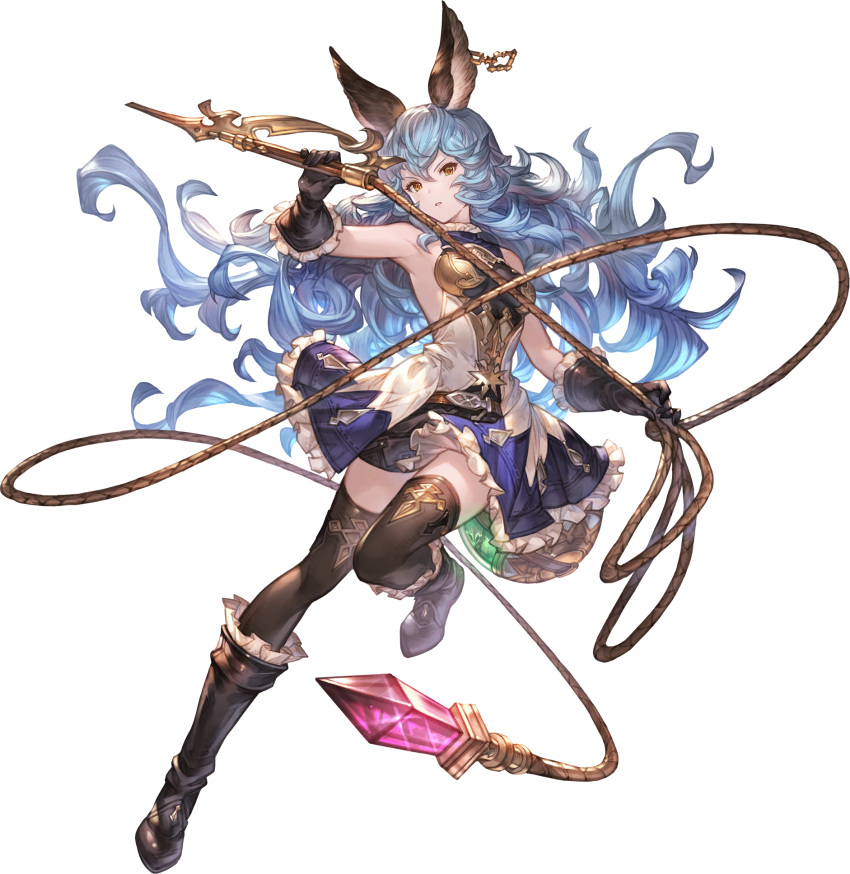 1girl bare_shoulders blue_hair boots breasts brown_eyes dress earrings elbow_gloves erune ferry_(granblue_fantasy) full_body gloves gold_trim granblue_fantasy granblue_fantasy_versus:_rising highres holding holding_weapon holding_whip jewelry knee_boots long_hair looking_at_viewer minaba_hideo official_art open_mouth pleated_skirt short_dress skirt sleeveless sleeveless_dress small_breasts solo thighhighs transparent_background weapon whip zettai_ryouiki
