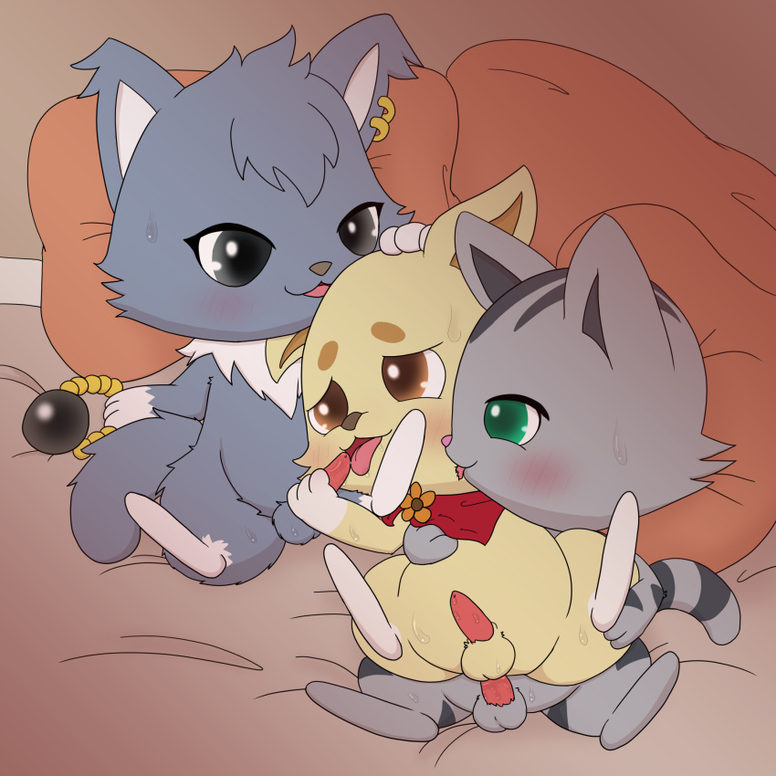 anal anal_penetration anthro bandanna blush canid canine canis dian_(jewelpet) domestic_cat domestic_dog felid feline felis fur genitals green_eyes grey_body grey_fur group hi_res improbable_(artist) jewelpet kerchief kohaku_(jewelpet) male male/male mammal penetration penile penile_penetration penis penis_in_ass pillow sanrio stripes tour_(jewelpet) trio yellow_body yellow_fur