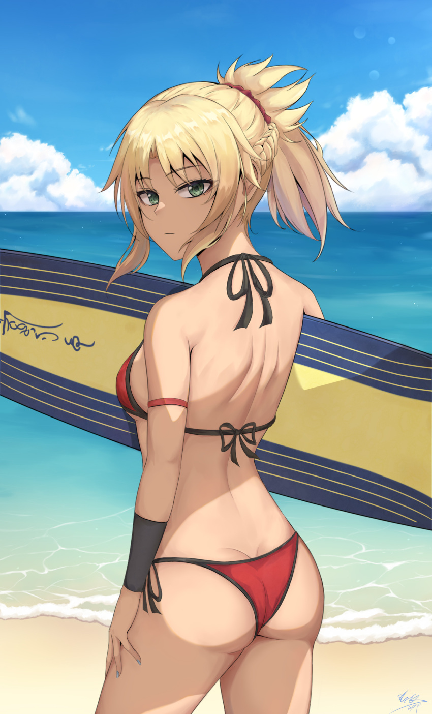 1girl absurdres ass bikini blonde_hair blue_sky braid breasts cloud day fate/grand_order fate_(series) french_braid green_eyes hair_ornament hair_scrunchie highres holding holding_surfboard mordred_(fate) mordred_(swimsuit_rider)_(fate) mordred_(swimsuit_rider)_(first_ascension)_(fate) ocean outdoors ponytail prydwen_(fate) red_bikini red_scrunchie reinaz scrunchie side-tie_bikini_bottom sky small_breasts solo standing string_bikini surfboard swimsuit