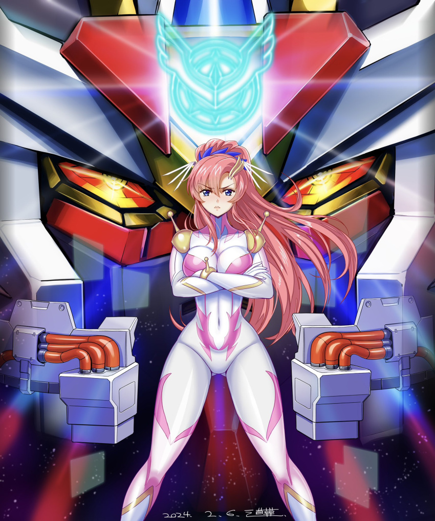 1girl ass_visible_through_thighs blue_eyes bodysuit breasts closed_mouth commentary_request covered_navel crossed_arms dated feet_out_of_frame g_gundam glowing glowing_eyes gundam gundam_seed gundam_seed_freedom hair_ornament hairclip high_ponytail highres impossible_bodysuit impossible_clothes insignia lacus_clyne large_breasts legs_apart long_hair looking_at_viewer mecha michi_kuso mighty_strike_freedom_gundam mobile_suit mobile_trace_suit multicolored_bodysuit multicolored_clothes pink_bodysuit pink_hair ponytail robot science_fiction shiny_clothes skin_tight standing strike_freedom_gundam two-tone_bodysuit v-fin v-shaped_eyebrows very_long_hair white_bodysuit yellow_eyes