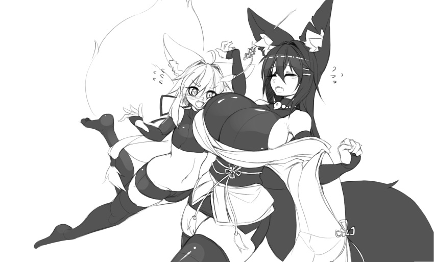 2girls animal_ear_fluff animal_ears black_hair blush breasts closed_eyes flat_chest fox_ears fox_girl fox_tail highres large_breasts large_tail multiple_girls navel original sub-res tail thighhighs thighs