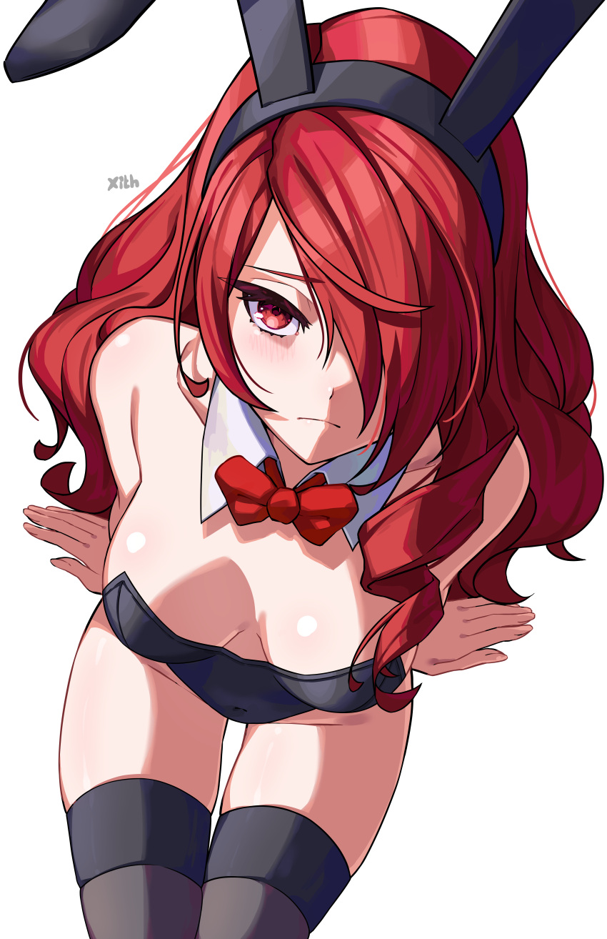 1girl absurdres animal_ears bare_shoulders blush bow bowtie breasts detached_collar embarrassed fake_animal_ears from_above frown hair_over_one_eye highres kirijou_mitsuru leotard long_hair looking_at_viewer looking_up medium_breasts persona persona_3 playboy_bunny rabbit_ears red_eyes red_hair sitting solo strapless strapless_leotard thighhighs wrist_cuffs x_xith_x