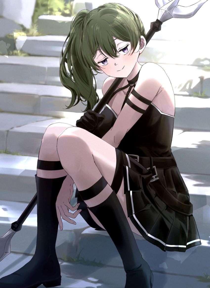 1girl arm_strap bare_shoulders belt between_legs black_belt black_dress black_footwear black_gloves boots breasts choker closed_mouth double-parted_bangs dress gloves green_hair hair_between_eyes hand_between_legs highres holding holding_polearm holding_weapon kness_up light_blush long_hair looking_at_viewer medium_breasts o-ring o-ring_choker omichi_1219 pleated_dress polearm purple_eyes side_ponytail simple_background single_glove sitting sleeveless sleeveless_dress smile solo sousou_no_frieren stairs stone_stairs ubel_(sousou_no_frieren) weapon