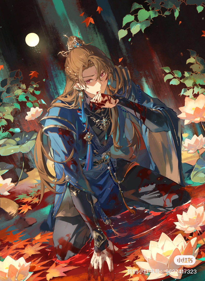 1boy black_pants black_shirt blood blood_from_mouth blood_on_clothes blood_on_hands blood_splatter blue_robe blue_sash braid brown_hair chinese_clothes cuts facial_mark falling_leaves flower forehead_mark french_braid full_body full_moon grimace hair_bun half_updo hanfu highres injury jewelry kneeling layered_sleeves leaf loladestiny long_hair long_sleeves looking_at_viewer lotus lotus_leaf luke_pearce_(tears_of_themis) male_focus maple_leaf moon necklace official_alternate_costume pants pink_eyes pink_flower ripples robe sash shirt shoulder_pads single_hair_bun tears_of_themis water wide_sleeves wiping_blood wiping_mouth xiao_guan_(headdress)