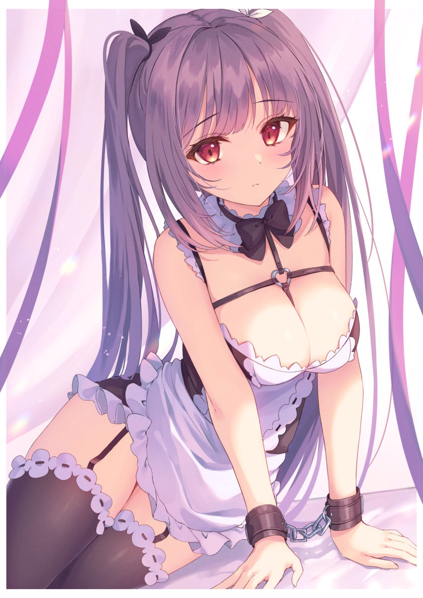 1girl black_bow black_bowtie bow bowtie breasts chain chained_wrists cleavage closed_mouth frilled_thighhighs frills highres large_breasts long_hair looking_at_viewer maid miyanome original purple_hair red_eyes restrained simple_background sitting stationary_restraints thigh_strap thighhighs thighs twintails