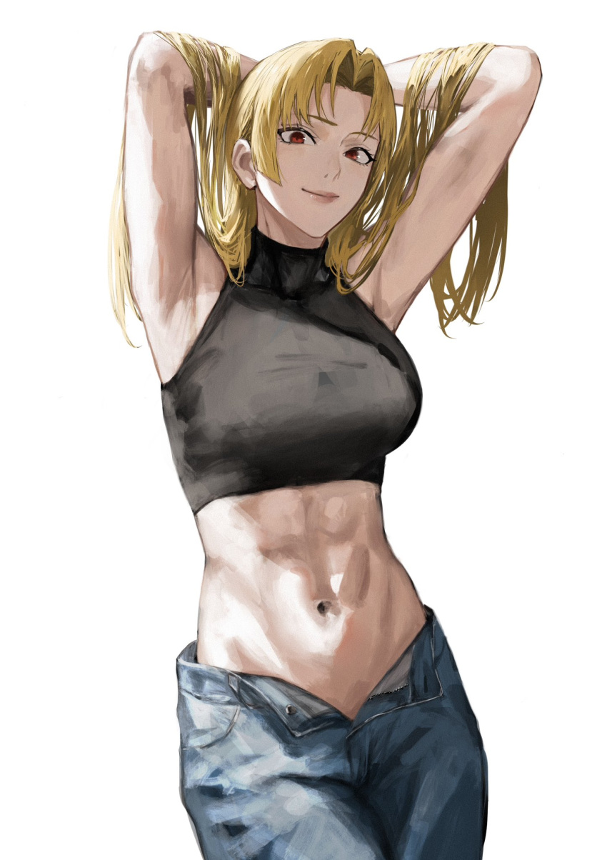 1girl armpits blonde_hair crop_top denim forehead highres jeans jujutsu_kaisen looking_at_viewer midriff navel open_clothes open_pants pants raberu_ruru red_eyes sleeveless solo stomach tsukumo_yuki_(jujutsu_kaisen) upper_body