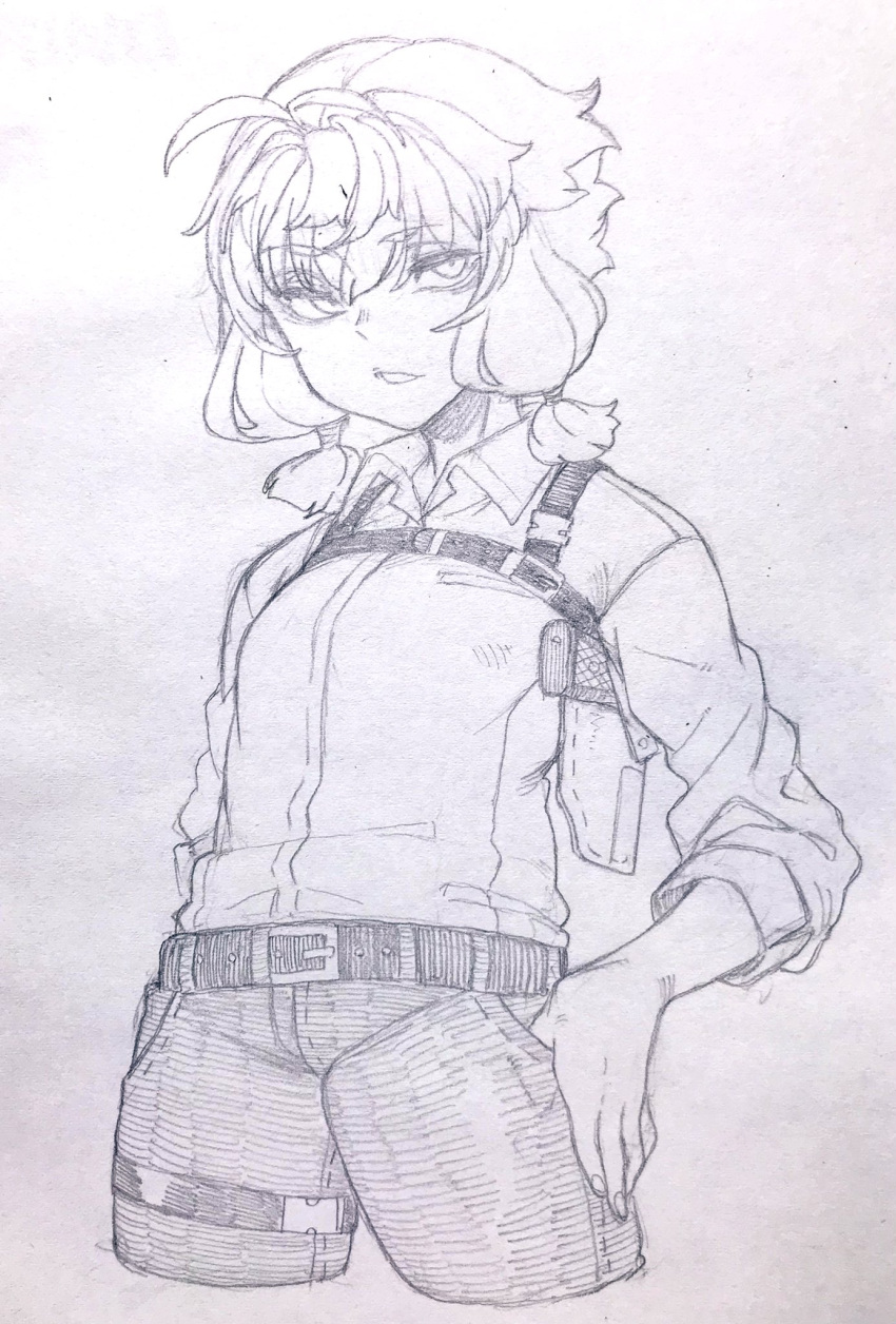 1girl ahoge alternate_costume bags_under_eyes belt breasts chest_harness collared_shirt commentary_request cropped_legs denim dress_shirt graphite_(medium) greyscale harness highres holster jeans looking_at_viewer monochrome pants parted_lips shirt shirt_tucked_in short_hair sidelocks simple_background sleeves_rolled_up small_breasts solo standing thigh_strap thumb_in_pocket toriniku29 traditional_media vocaloid voiceroid yuzuki_yukari