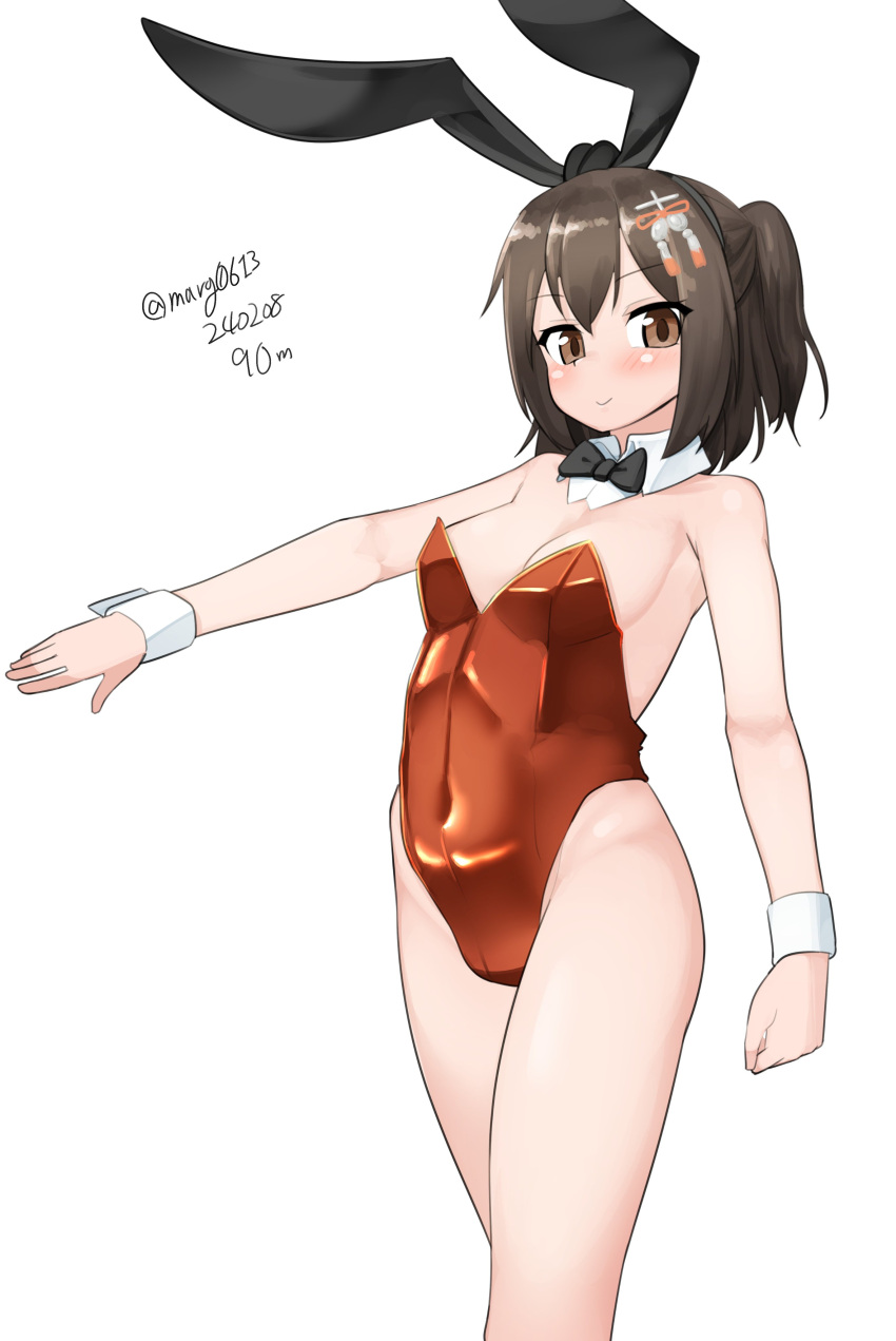 1girl absurdres animal_ears arm_at_side artist_name backless_leotard bare_legs bare_shoulders black_bow black_bowtie black_hairband blush bow bowtie breasts brown_eyes brown_hair c: cleavage closed_mouth commentary covered_navel dated detached_collar fake_animal_ears feet_out_of_frame from_side hair_between_eyes hair_ornament hairband highleg highleg_leotard highres hip_bones kantai_collection leotard looking_at_viewer looking_to_the_side maru_(marg0613) medium_breasts one-hour_drawing_challenge outstretched_arm playboy_bunny rabbit_ear_hairband rabbit_ears red_leotard sendai_(kancolle) short_hair signature simple_background smile solo standing strapless strapless_leotard translated twitter_username two_side_up white_background wrist_cuffs