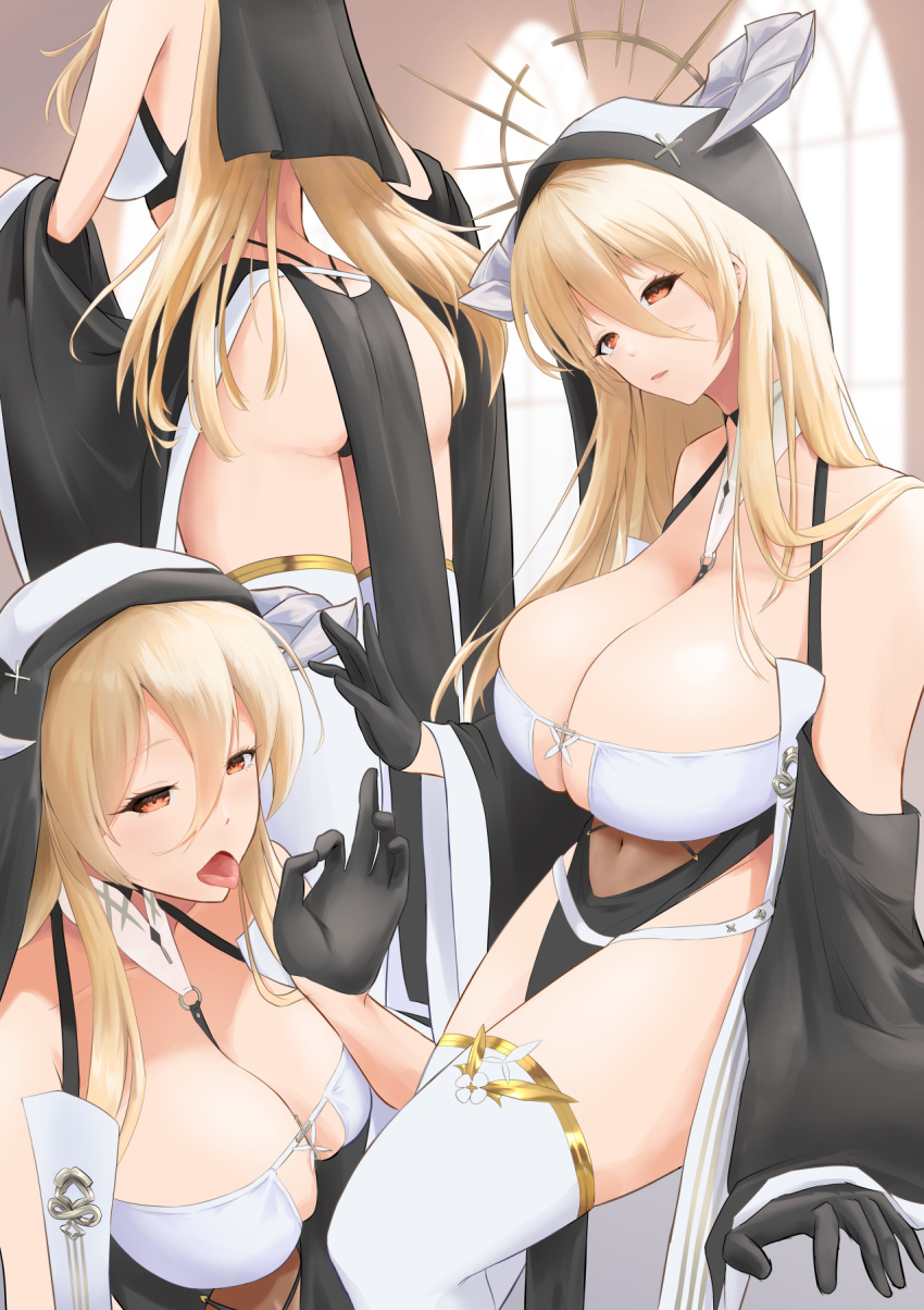 1girl azur_lane bare_shoulders black_gloves blonde_hair breast_cutout breasts cleavage commentary_request covered_navel fake_horns fellatio_gesture gloves habit hair_between_eyes half_gloves highres horns implacable_(azur_lane) large_breasts long_hair looking_at_viewer misoka1m multiple_views nun open_mouth pelvic_curtain red_eyes revealing_clothes thighhighs tongue tongue_out two-tone_dress very_long_hair white_horns white_thighhighs