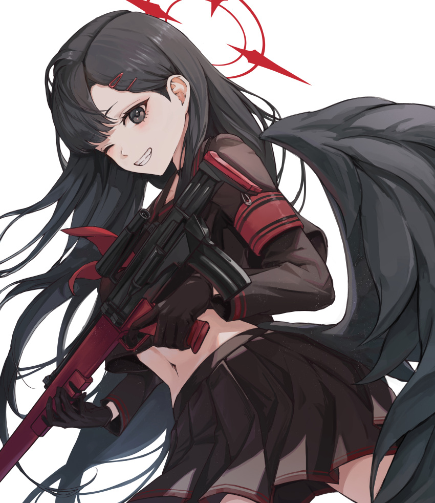 1girl absurdres armband assault_rifle black_choker black_hair black_sailor_collar black_serafuku black_shirt black_skirt black_wings blue_archive bullpup choker commentary_request cropped_shirt em-2 feathered_wings grey_eyes grin gun hair_ornament hairclip halo highres holding holding_gun holding_weapon ichika_(blue_archive) koongsim long_hair looking_at_viewer low_wings neckerchief no_halo one_eye_closed parted_bangs red_armband red_halo red_neckerchief revision rifle sailor_collar school_uniform serafuku shirt simple_background skirt smile solo weapon white_background wings